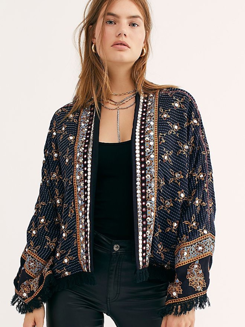 Free People Ray of Light Jacket M Embellished Sequin Fringe Boho